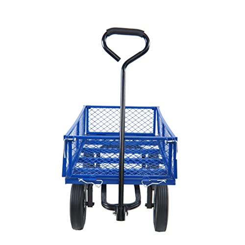 Metal Utility Wagon with 10" Solid Large Wheels 500 Lbs Capacity Heavy Duty Wheel Barrow Mesh Steel Garden Wagon Cart Dump Cart Pullable with 180° Rotating Handle Removable Sides (Blue) - color: Blue