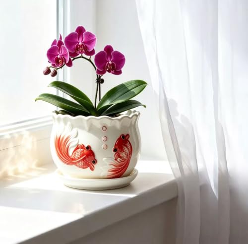 Goldfish Embossed Flower Pots for Indoor Plant, Round Ceramic Plant Pots with Drainage Holes and Saucers, 6.7/5.2/3.9 Inches Glazed Flower Planters Set of 3 - color: Vintage Goldfish