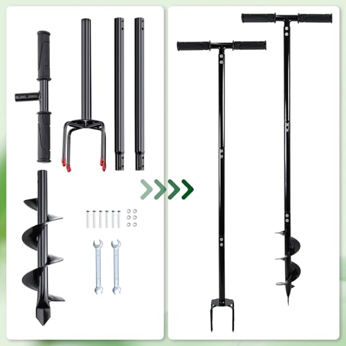 2 in 1 Hand Drill Auger Post Hole Digger, 4" x 42" Manual Garden Spiral Drill with T Shaped Handle for Digging Planting Bulb Bedding