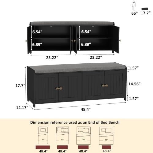HOMEFORT 48.4" Shoe Storage Bench with Cushion, Entryway Bench with Paddded Seat, 2-Tier Shoe Cabinet Bench with Adjustable Shelves and 4 Doors, Wooden End of Bed Bench, for Bedroom, Hallway, Black