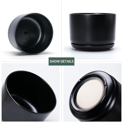 Flower Pots,Ceramic Pots with Drainage Holes & Saucer Set of 3(Matte Black) - color: Matte Black