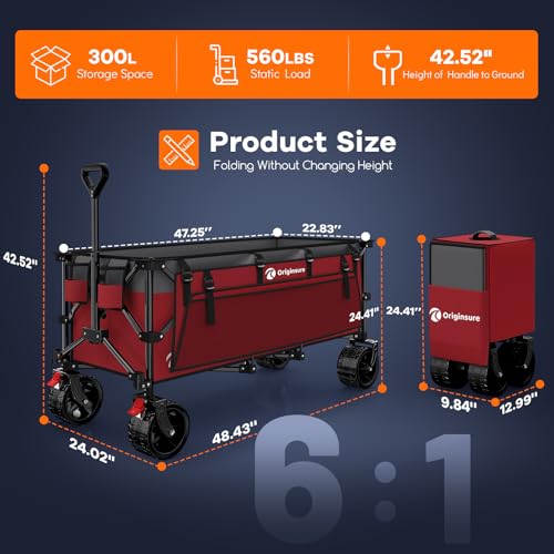 Originsure 300L Beach Wagon Cart Foldable with Big Wheels,560lbs,Grey&Red - color: Grey&red