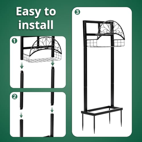 Garden Hose Holder Stand, Black Steel Heavy Duty Freestanding Water Hose Storage Rack with 4 Reinforced Anchor Spikes and Storage Basket Waterproof Stable Organizer for Yard Lawn Garden Farm