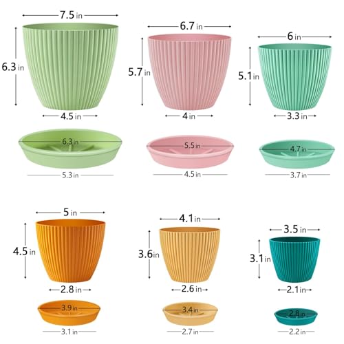 SupKing Plant Pots with Drainage Saucers 7.5/6.7/6/5/4/3.5 Inch Set of 6,Plastic Flower Pots Planters with Multi Mesh Drainage Holes Multicolor Nursery Planting Pot for Indoor Outdoor Garden Plants - color: Multicolor, size: 7.5/6.7/6/5/4/3.5 inch