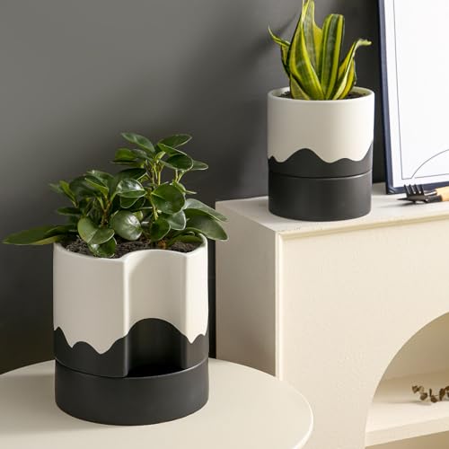 Nihow Self Watering Plant Pot, 8 Inch, White & Wave Black - color: White & Wave Black, size: 8" Self Watering