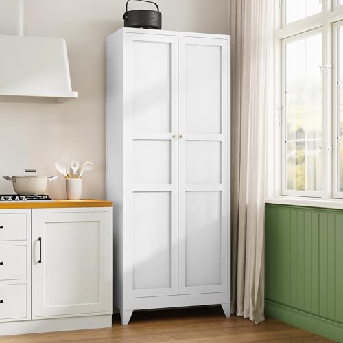 Letaya 75" H Metal Storage Cabinet with 2 Doors and 4 Shelves,Tall Kitchen Pantry Cabinets,Farmhouse Utility Pantry Organizers for Cupboard/Dining/Bathroom/Home Office/Garage Room,White - color: White, size: 16” D x 32” W x 75” H-B