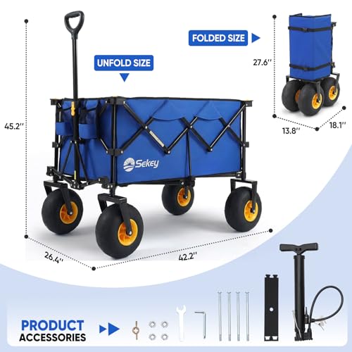 Sekey Heavy Duty Beach Wagon with 9" Big Sand-Proof Wheels – 600lb Capacity, 200L Oversized Foldable Cart | Adjustable Handle & All-Terrain Tires for Sand, Camping, Groceries - color: Blue&black