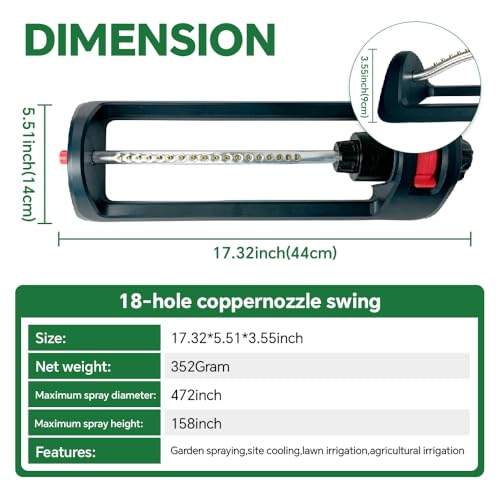 Lawn Sprinkler, 18 Brass Nozzles Garden Water Oscillating Sprinkler for Yard Covers up to 3,600 sq.ft, Heavy Weight Base, Built-in Spray Jet Cleaning Needle