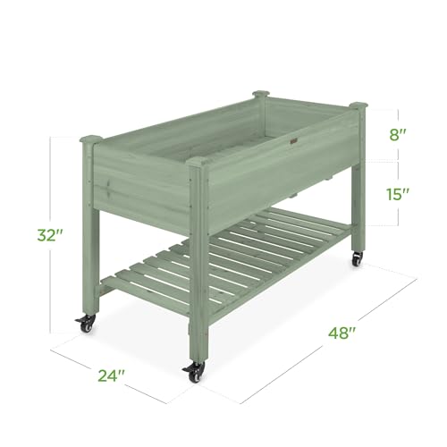 Best Choice Products Raised Garden Bed 48x24x32-inch Mobile Elevated Wood Planter w/Lockable Wheels, Storage Shelf, Protective Liner - Sage - color: Sage
