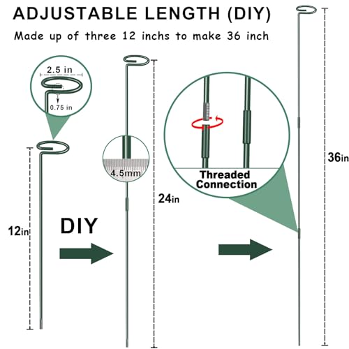 36 Inch Plant Sticks Support Tall Three Sizes (12 or 24 or 36 Inch), 8 Pcs 4.5mm Adjustable Outdoor and Indoor Plant Support, Garden Stakes for Plants Flowers Rose Tomatoes Peony Lily Rose Amaryllis