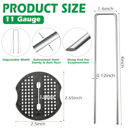 100 Pack Landscape Staples and 100 Pack Gaskets,11 Gauge 4" Galvanized Steel Garden Staples with Black Pads,Landscape Pins Turf Staples for Securing Weed Barrier Fabric Artificial Grass - size: 4 in