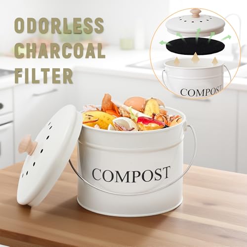 Compost Bin - 1 Gallon Countertop Composter with Lid, Charcoal Filters, Rust Proof Indoor Food Waste Bin - color: White