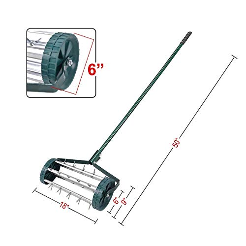 Goplus Rolling Lawn Aerator, 18-Inch Garden Yard Rotary Push Tine Heavy Duty Spike Soil Aeration, Manual Lawn Aeration Tool w/ 41-Inch Handle (Silver) - color: Silver