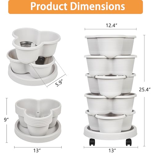 VECELO 5 Tier Vertical Garden Planter, Self Watering Stackable Planters with Wheels for Strawberries, Herbs, Flowers, Vegetables, Gray - color: Gray, size: 5 Tier