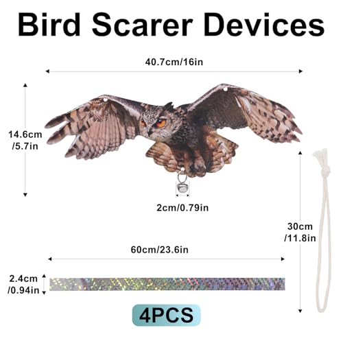 Plastic Owl to Scare Away, 4Pcs Reflective Fake Owls Hanging Decoration, Dual-Sides Printed Raster Fake Hawk Eagle Keep Away Pigeon Barn Swallow to Protect Yard Garden Patio - color: 4Pcs Brown-2