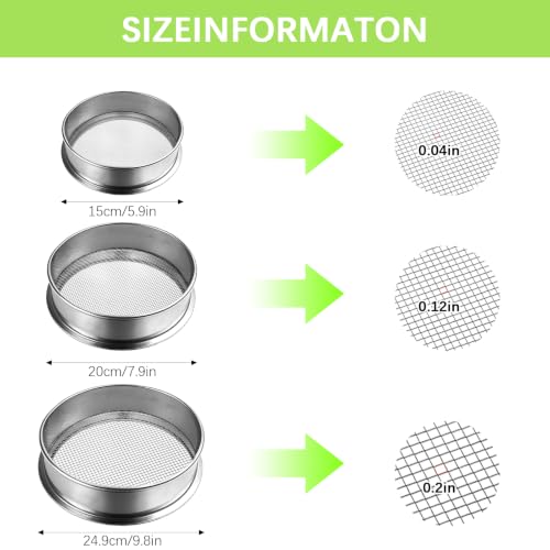 3PCS Soil Sifter Set with 5mm, 3mm, 1mm Mesh - Rock Garden Sieve for Sand, Soil, Compost | Metal Dirt Strainer with Shovel Tools for Gardening, Bonsai, Beach, and Gravel(5.9inch,7.9inch,9.8inch)