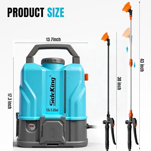 SideKing 3.2 Gallon Battery Powered Backpack Sprayer, 100 PSI Powerful Electric Sprayer Compatible with DeWalt 20V Battery, Max 0.9 GPM, 5 Nozzles & 2 Spray Wands for Lawn, Yard, Weed & Pest Control - size: 3.2 Gallon