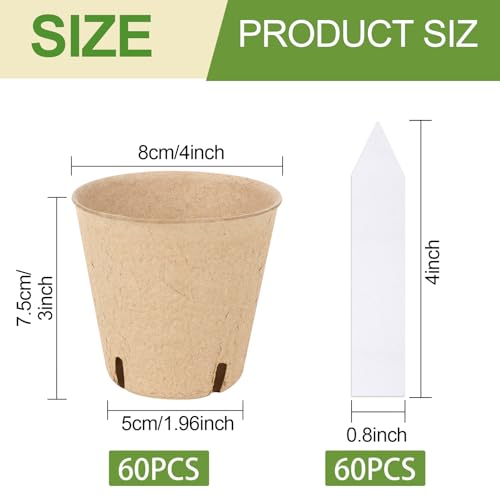 60-Pack 4” Biodegradable Peat Pots with 60 Plant Labels - Eco-Friendly Seedling Pots with Drainage Holes for Efficient Seed Starting and Garden Nursery Use
