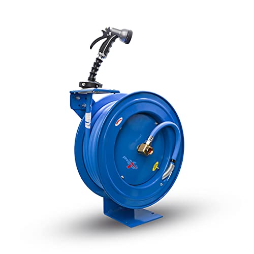 BLUSEAL BSWR1250HRS Retractable Hose Reel with 1/2" x 50' Hot Water Rubber Hose, 6' Lead-in, Hose Reel Swivel Mount, 9 Pattern Spray Nozzle