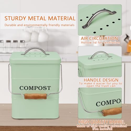 Stainless Steel Compost Bin for Kitchen Countertop Compost Bin,1 Gallon, Kitchen Trash Can -Includes Charcoal Filter,Compost with Lid-Green - color: Green