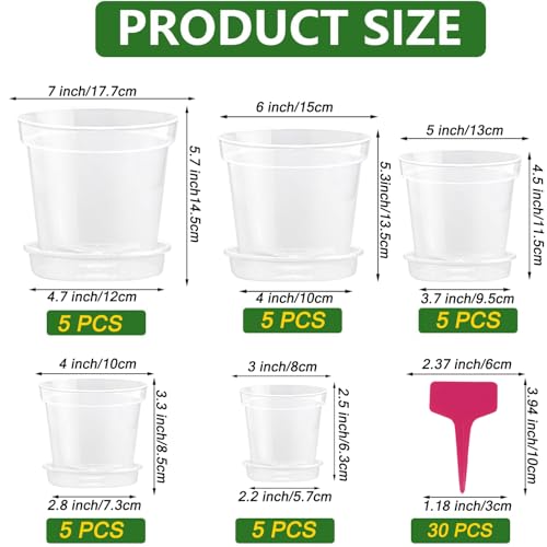 25 Clear Plastic Garden Flower Pots with Saucers for Flower Pots, 7/6/5/4/3 Inch Nursery Pots with Drainage Holes for Vegetable Propagation, Succulents, Flowers,Includes 30 Colored Plant Labels