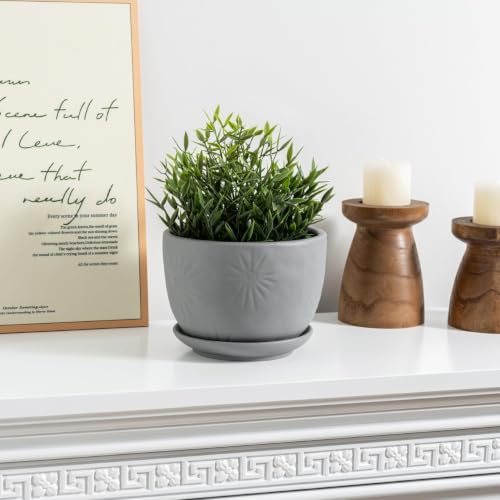 MyGift 7 Inch Grey Ceramic Plant Pot with Drainage Hole and Attached Saucer, Modern Decorative Embossed Sunburst Planter Container for Indoor Home Garden - color: Gray