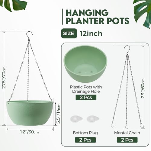 T4U Hanging Planters for Indoor Outdoor Plants, 12 Inch Green 2 Pack - color: Green, size: 12 In