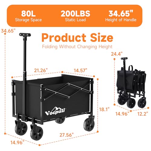 25" L Collapsible Wagon Cart Foldable, 200lbs Weight Capacity 80L Folding Beach Wagons with All-Terrain Wheels, Utility Carts for Groceries, Shopping, Camping, Sports - Black - color: Black, size: 80L