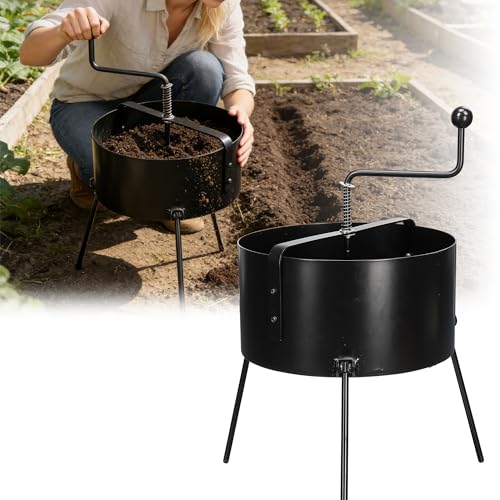 Rotary Soil Sifter for Gardening, Heavy Duty Metal Garden Sifter with Easy Crank Handle, 21 Inch Compost Sieve for Dirt, Rock 0.5-0.7 Inch Mesh