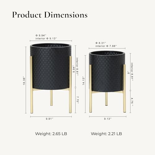 LuxenHome 2-Piece Diamond Pattern Round Metal Cachepot Planter Set - color: Black