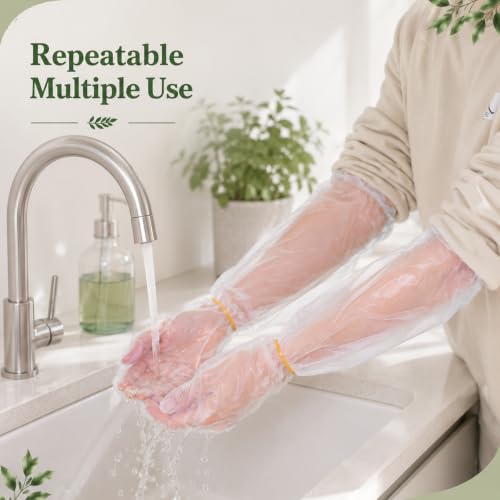 Qianyu 100 PCS Disposable Long Gloves Plastic Dressing Gutting Gloves Waterproof Cleaning Long Sleeve Glove 21 Inch Lightweight with 300 Rubber Bands for Farm Household Gardening Cleanings