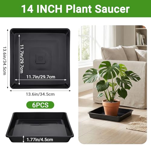 GREANER Black Square Plant Saucer, 14 Inch Pebble Tray for Plant Humidity, Plant Dishes to Catch Water for Indoors and Outdoors Plants - color: Black, size: 14"