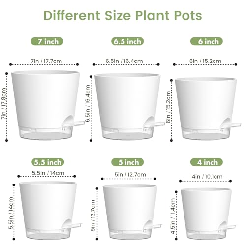 Meowell Self Watering Pots Pack of 6 – Different Size 4" to 7" Indoor Plant Pots with Drainage Holes and Clear Reservoir for Visible Water Level, Plastic Wicking Planters for House Plants, White - color: White, size: 7+6.5+6+5.5+5+4 in 6pcs