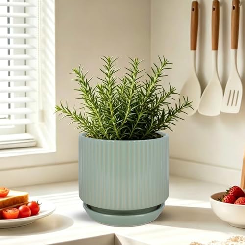 Ceramic-5-inch-Flower-Pots-with-Saucer, Small Planters for Indoor Plants with Drainage Hole, White Textured Vertical Stripe Plant Pots for Home Decor, Garden Pot For Succulent Cactus Mint Basil Herb - color: Green, size: 5.1 inch