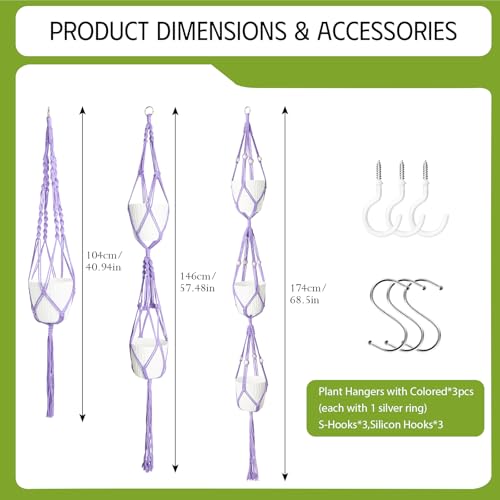 XXXFLOWER 3 Pack Purple Macrame Plant Hanger Bathroom Wall Decor Indoor Set - color: Purple