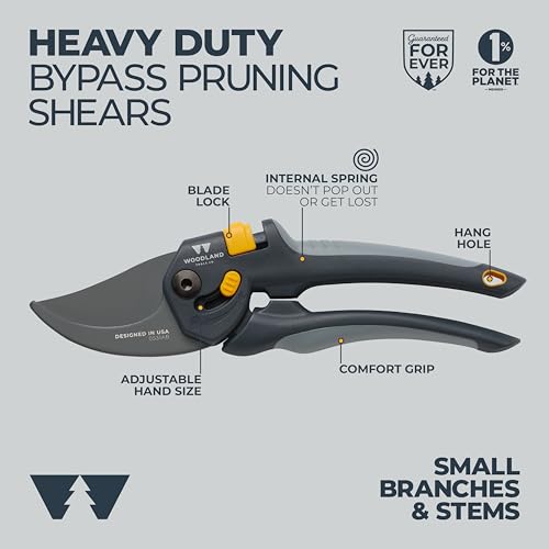 Woodland Tools Co. Heavy Duty Bypass Pruning Shears – 5/8" Cut Capacity, High Carbon Steel Blade, Internal Spring, Adjustable Grip Slider, Garden Hand Pruner for Plants, Shrubs, and Live Stems - style: Heavy Duty Bypass Pruner