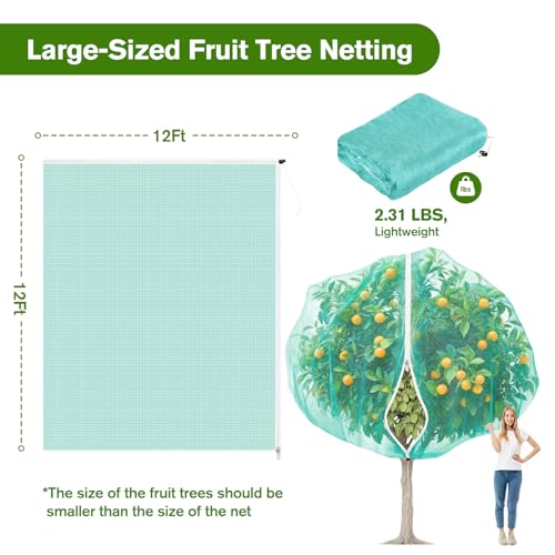 KEOHOLI 12FTx12FT Green Large Fruit Tree Netting Reusable Durable Mesh Cover with Zipper and Drawstring for Fruit Tree Protection Cover from Birds Cicadas Squirrels and Insects - size: 12*12ft (1Pack, Green)