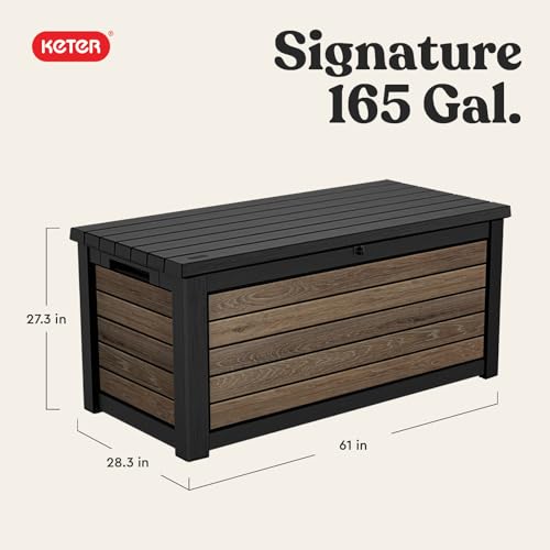 Keter Signature Collection 165 Gallon Resin Deck Box Organization and Storage Box for Patio Outdoor Cushions, Throw Pillows, Garden Tools and Pool Supplies, Walnut - color: Walnut, size: 165 Gallon