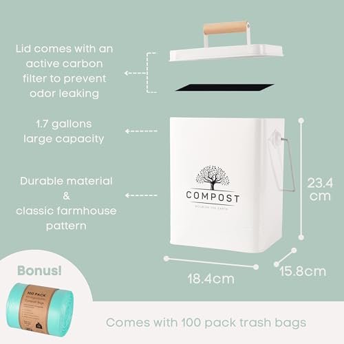 PERFNIQUE Kitchen Compost Bin, 1.7 Gallon Countertop Compost Bin with Lid, Indoor Compost Bin Includes 2 Carbon Filters, Small Compost Bucket, Food Waste Bin for Kitchen with Trash Bags (Cream White) - color: Cream White