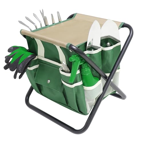 Garden Tool Set, 10 Piece Kit with Heavy Duty Folding Stool, Detachable Storage Tote Bag, Stainless Steel Tools, Gifts for Women Men Green - style: Green with Stool