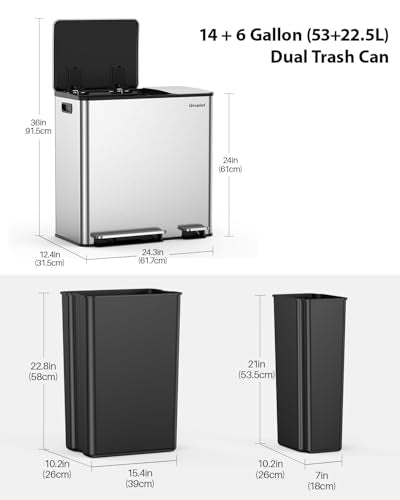 Lovewind Dual Trash Can, 14 + 6 Gallon Garbage Can for Kitchen Dual Compartment Recycling Kitchen Step Trash Bin, Stainless Steel Trash and Recycle Bin Combo with Soft-Close Lid, Silver - color: Silver, size: 14 + 6 Gallon