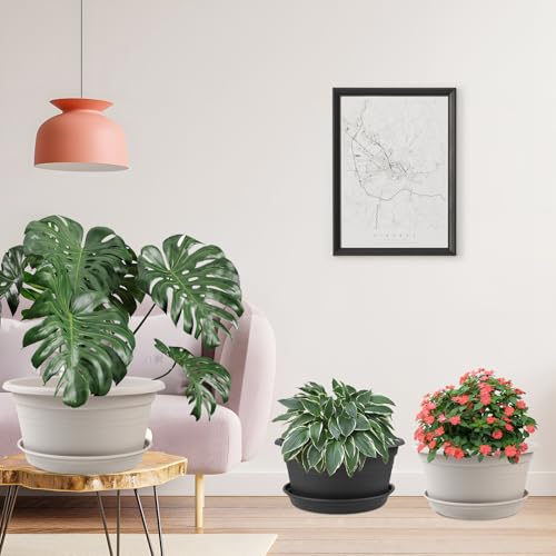 6 Pack 10 inch Plant Pot, Shallow Planters with Drainage Hole & Tray Saucer - color: Gray White, size: 10 Inch - 6Pack