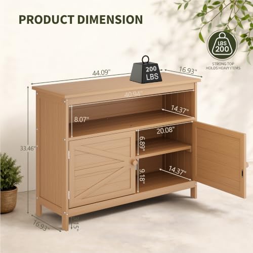 HIPS All-Weather Outdoor Storage Cabinet,Outdoor Sideboard with Magnetic Doors,3-Shelves Patio Storage Cabinet, Used for Garden,Buffet Cabinet,TV Stand, Bar Table,Balcony - color: Teak