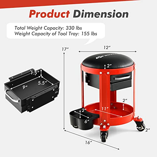 Goplus Rolling Mechanic Stool, Shop Stool Creeper Seat with Removable Padded Seat, 2 Drawers, Tool Tray, Twin Can Holder, Universal Wheels, Round Garage Workshop Chair, 330 Lbs Max Capacity (Red) - color: Red