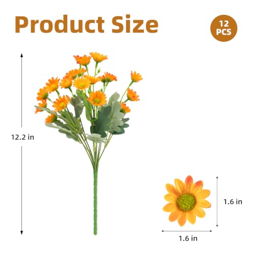 CLEANGOR 12 Pcs Daisy Artificial Flowers for Outdoors, Fake Mums (Orange) - color: Orange