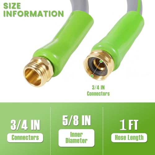SheeChung Short Garden Hose 1ft x 5/8",Leader Hose for Hose Reel Faucet,Short RV Water Hose Heavy Duty,Lightweight Rubber Small Hose,Hose Extension,3/4"Brass Fittings,Male to Female Hose - color: Grey+Green, size: 1ft-Male to female