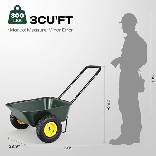 Autodaya Dual-Wheel Wheelbarrow, Home Utility Garden Dump Cart with 10" Non-Slip Pneumatic Tires & Ergonomic Padded Handle, Heavy-Duty Yard Wagon for Lawn, Farm, Porch, Gardening, G - color: 300lb|green-3 Cu Ft