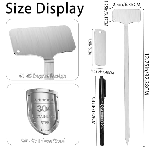 304 Stainless Steel Plant Markers, 10 Waterproof Metal Plant Label Stakes with 10 Tag Buckles & Marker Pen, 12.75" Garden Markers for Outdoor Indoor Plants Identification. - size: 12.75inch