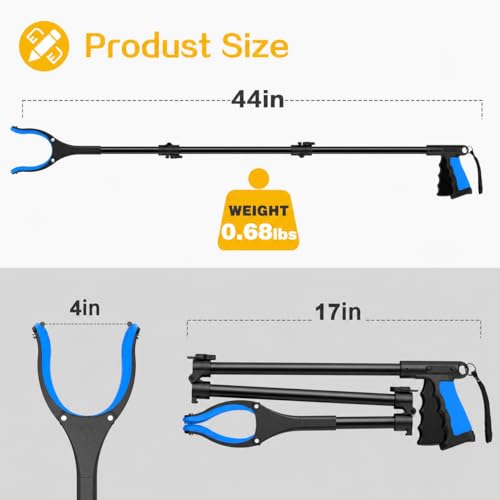 Extra Long Grabber Reacher Tool,Foldable Trash Pick Up Stick for Seniors with Strong Grip Magnetic,360°Rotating Anti-Slip Jaw 4" Wide Claw Opening,Hand Grabber (Blueblack, 44INCH) - color: Blueblack, size: 44 Inch