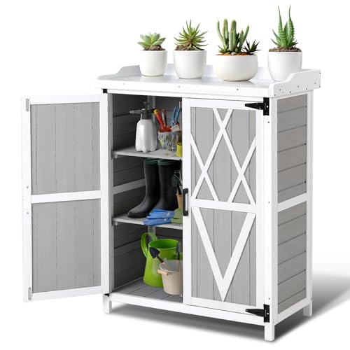 Outdoor Cabinet with Metal Tabletop Garden Potting Bench Table - Outdoor Garden Patio Wooden Storage Cabinet with Adjustable Shelf, Wooden Storage Cabinets, Weatherproof for Garden Patio Lawn